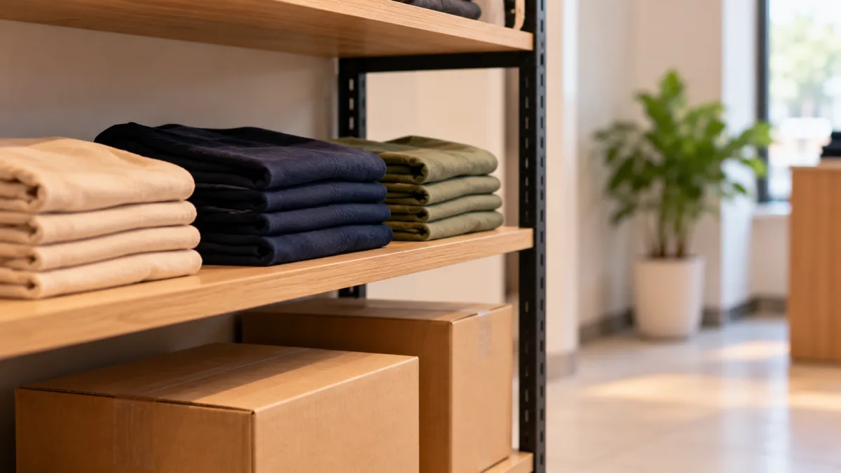 Prateleira Organizada com Roupas e Caixas