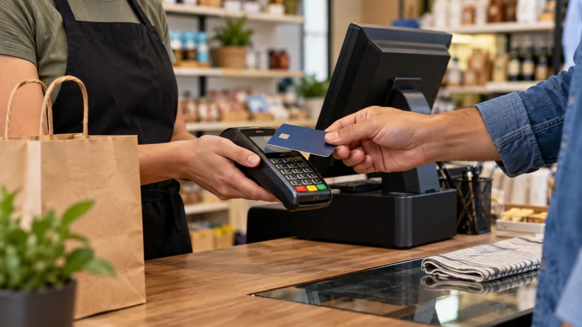 Cliente realiza pagamento com cartão em máquina apresentada pelo atendente no caixa de uma loja.