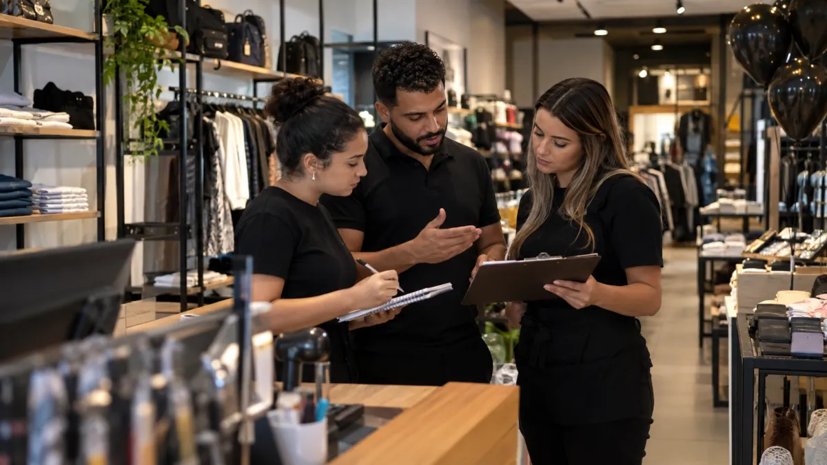Equipe de funcionários participa de reunião para organizar procedimentos de atendimento e vendas durante a Black Friday.