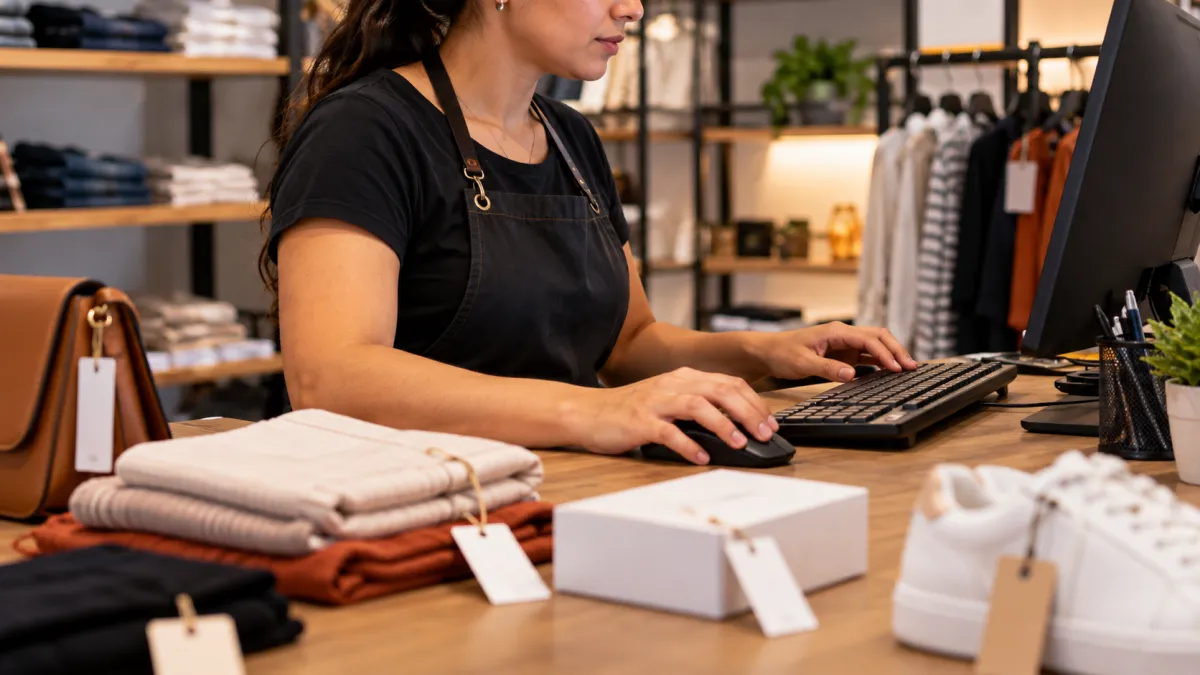 Funcionária confere preços e cadastros de produtos em computador no balcão de uma loja de roupas.