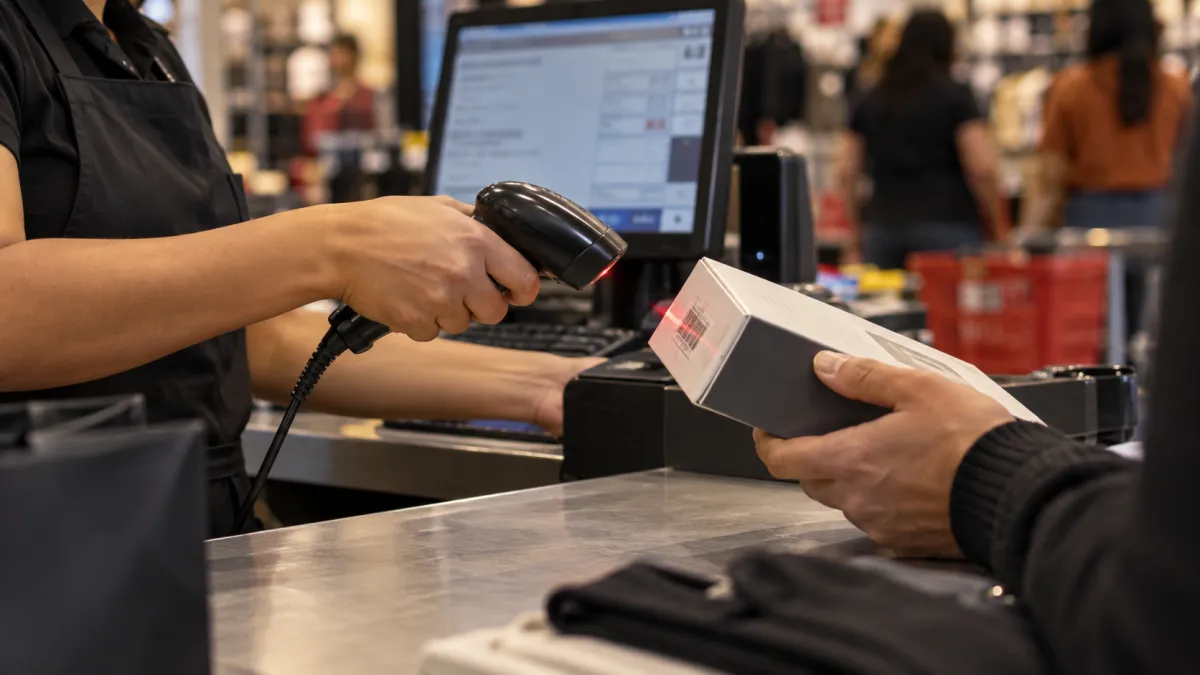 Operadora registra produto com leitor de código de barras no caixa de uma loja utilizando sistema PDV.