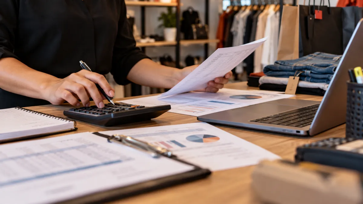 Comerciante utiliza calculadora e relatórios financeiros para analisar descontos e margens de lucro de produtos.