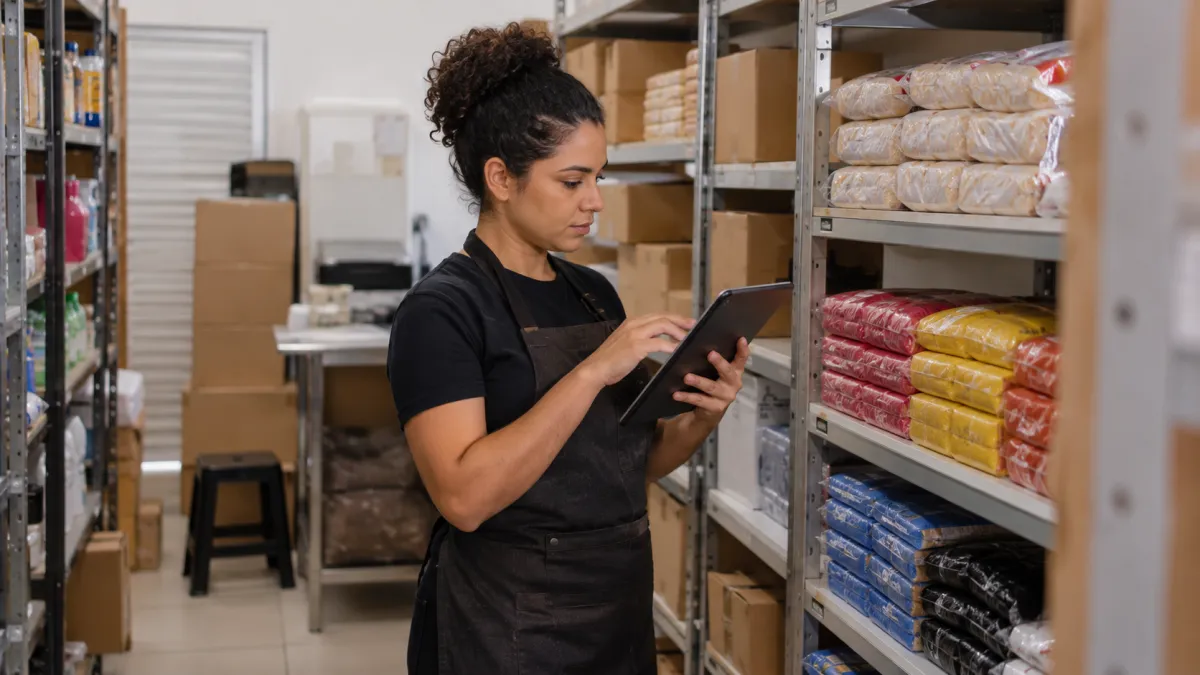 Funcionária utiliza tablet para conferir mercadorias e quantidades armazenadas no estoque de uma loja.