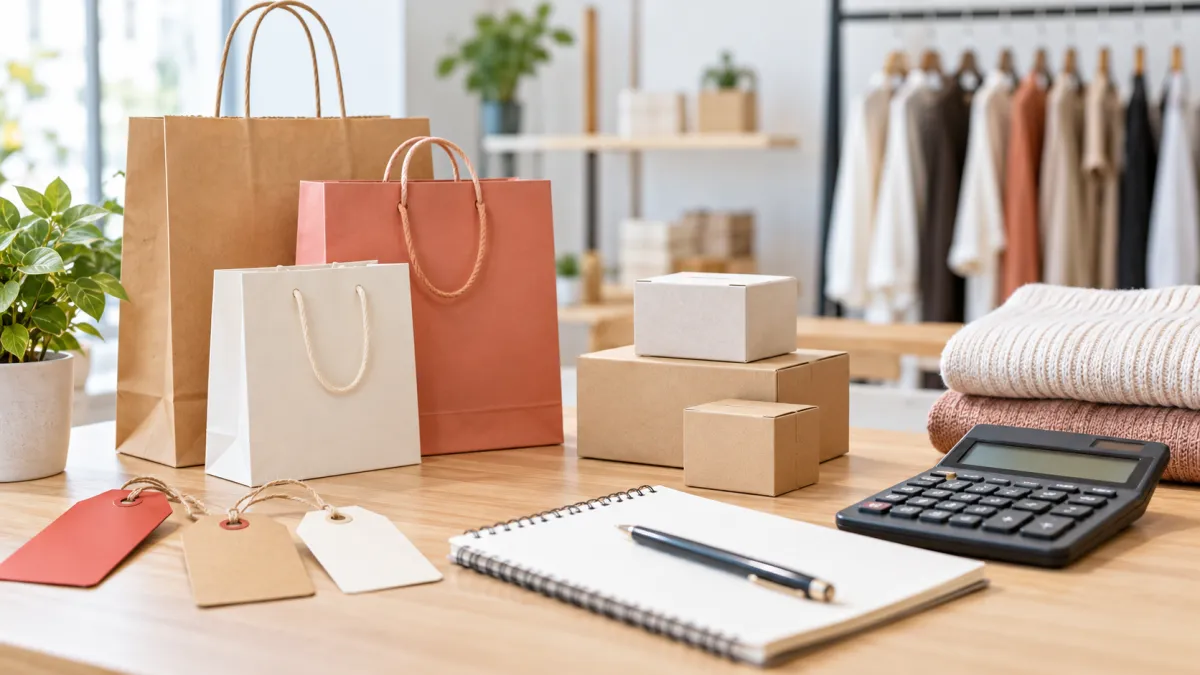 Mesa com sacolas, caixas, calculadora, etiquetas de preço e caderno para planejamento de vendas promocionais.
