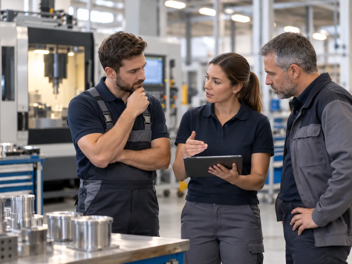 Equipe industrial conversando com tablet