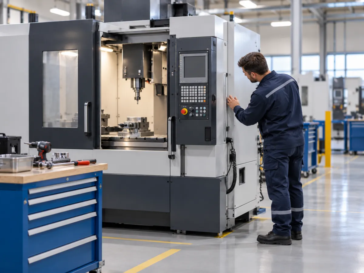 Técnico verificando máquina CNC