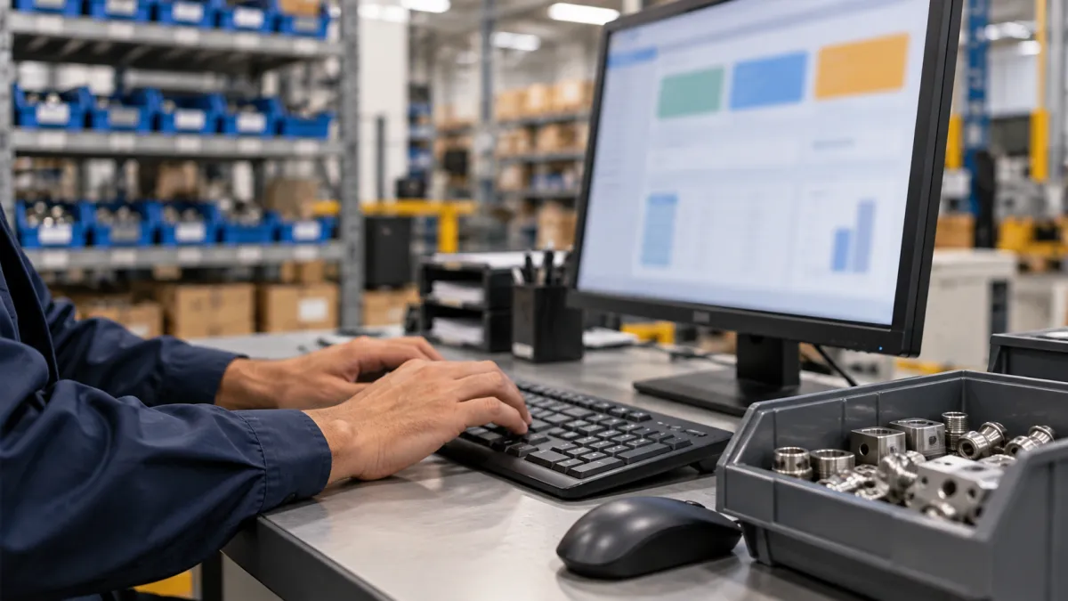 Bancada administrativa ao lado de um almoxarifado, com computador desktop moderno e uma caixa de componentes metálicos. Apenas as mãos do profissional aparecem usando o teclado. O