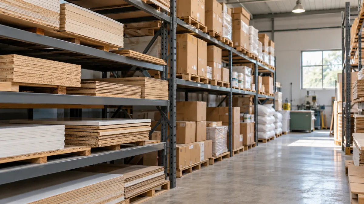 Armazém industrial organizado com prateleiras e caixas