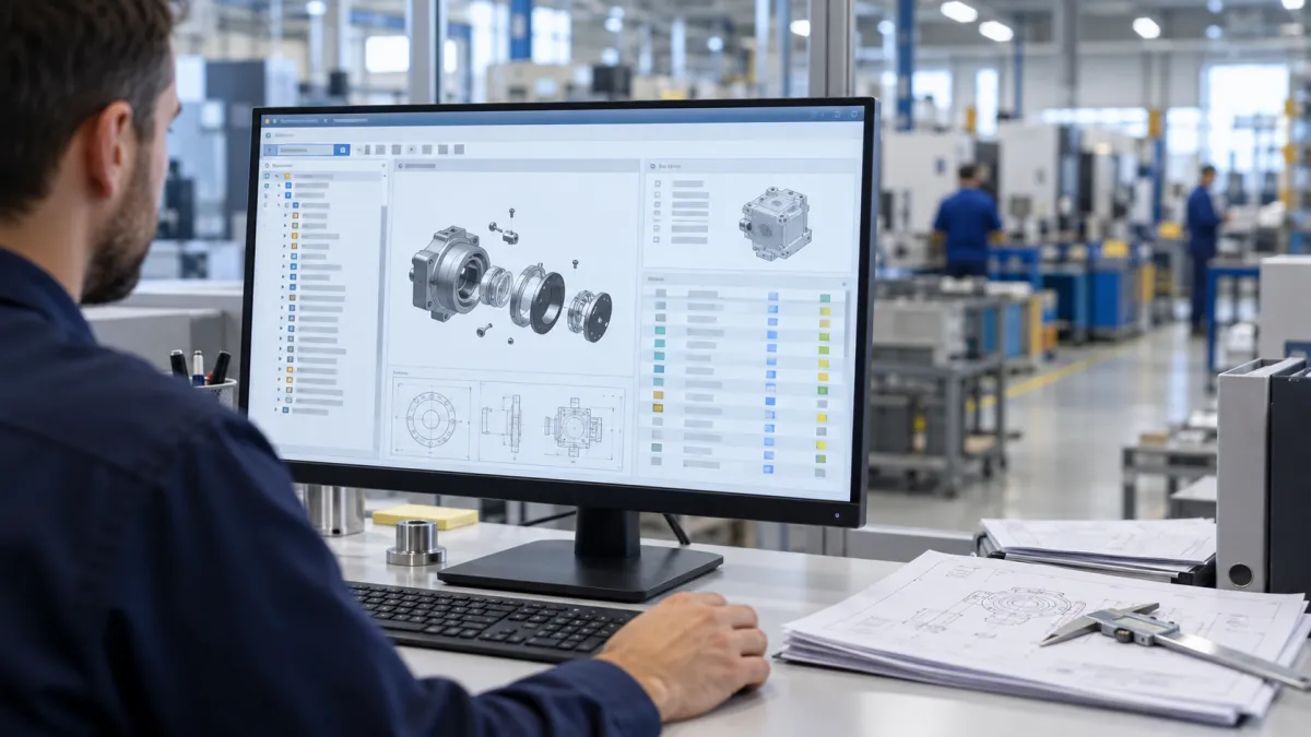 Profissional utilizando computador para consultar desenhos técnicos e estruturas de produtos industriais.