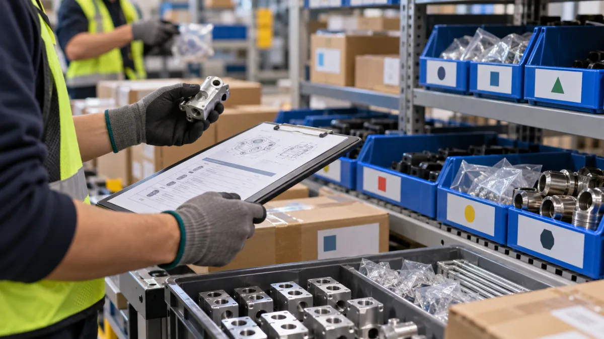 Conferência de componentes metálicos e materiais armazenados no estoque industrial.