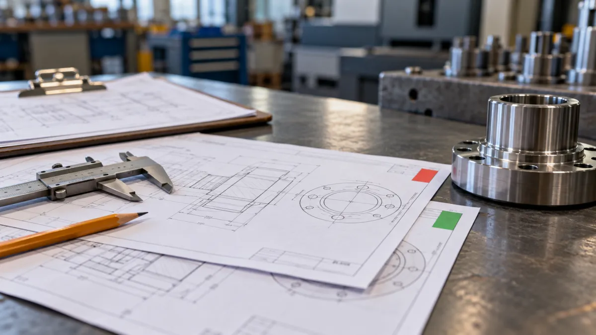 Desenhos técnicos industriais e paquímetro utilizados na conferência das especificações de fabricação.