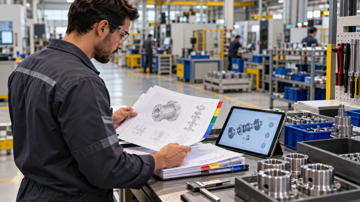 Ambiente de produção industrial com máquinas, componentes e documentos técnicos de fabricação.