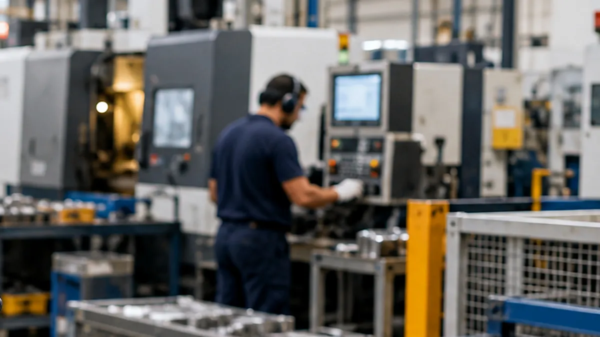 Operador trabalhando em máquina industrial durante uma etapa do processo de fabricação.