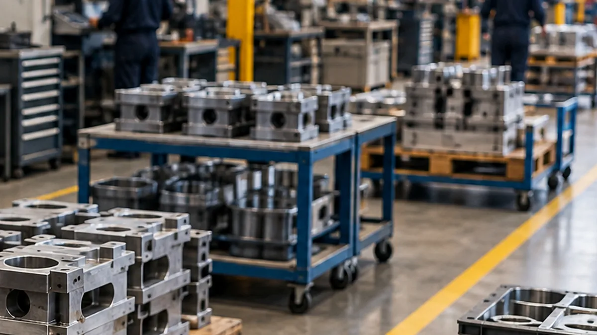 Carrinhos industriais com componentes metálicos organizados para movimentação entre setores da fábrica.