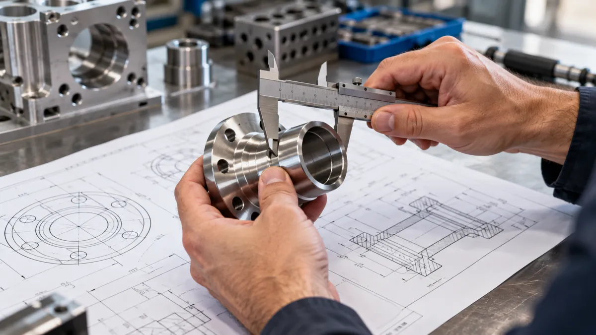Conferência de medidas de uma peça metálica personalizada utilizando paquímetro e desenho técnico.