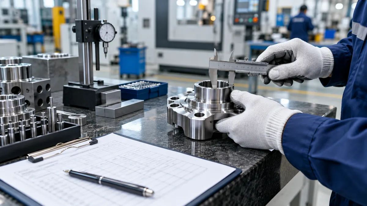 Inspeção dimensional de componente metálico com paquímetro durante o controle de qualidade industrial.