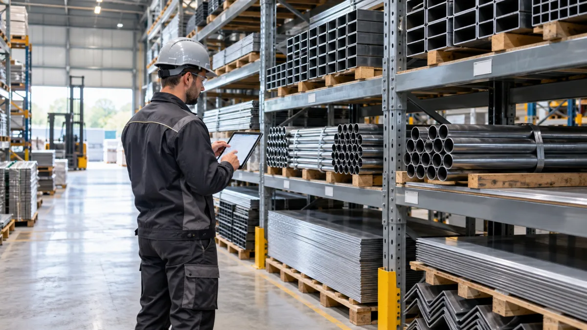 Profissional conferindo estoque de tubos e perfis metálicos organizados em armazém industrial.