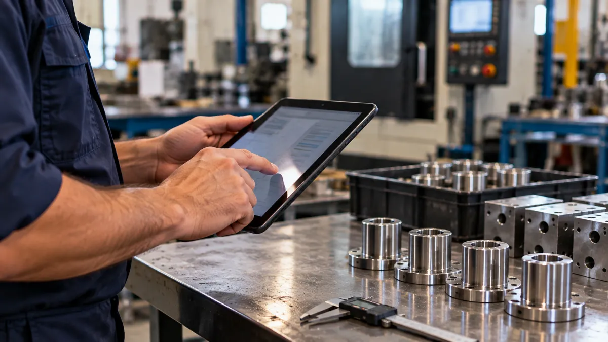 Apontamento de Produção: operador utiliza tablet com informações de controle enquanto inspeciona peças em uma bancada de usinagem em uma fábrica, ao lado de suportes metálicos e fe