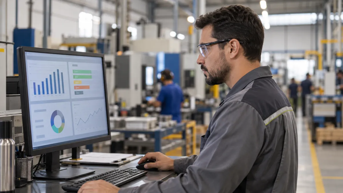 Apontamento de Produção em ambiente fabril: operador analisa gráficos e indicadores em monitor de computador ao lado de equipamentos de linha de produção.