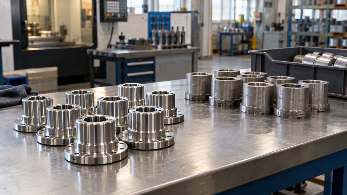 Apontamento de Produção em fábrica: mesa de usinagem com peças metálicas cilíndricas e suportes ao redor de uma máquina industrial, mostrando preparação e organização do trabalho