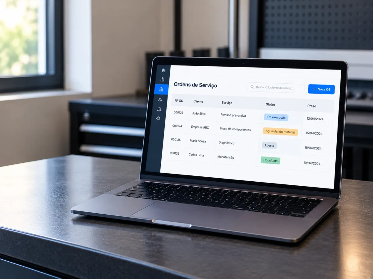Laptop com painel de ordens de serviço