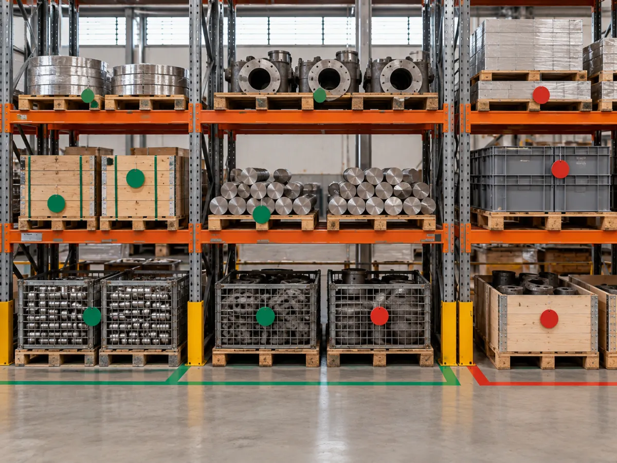 Estantes industriais com materiais organizados