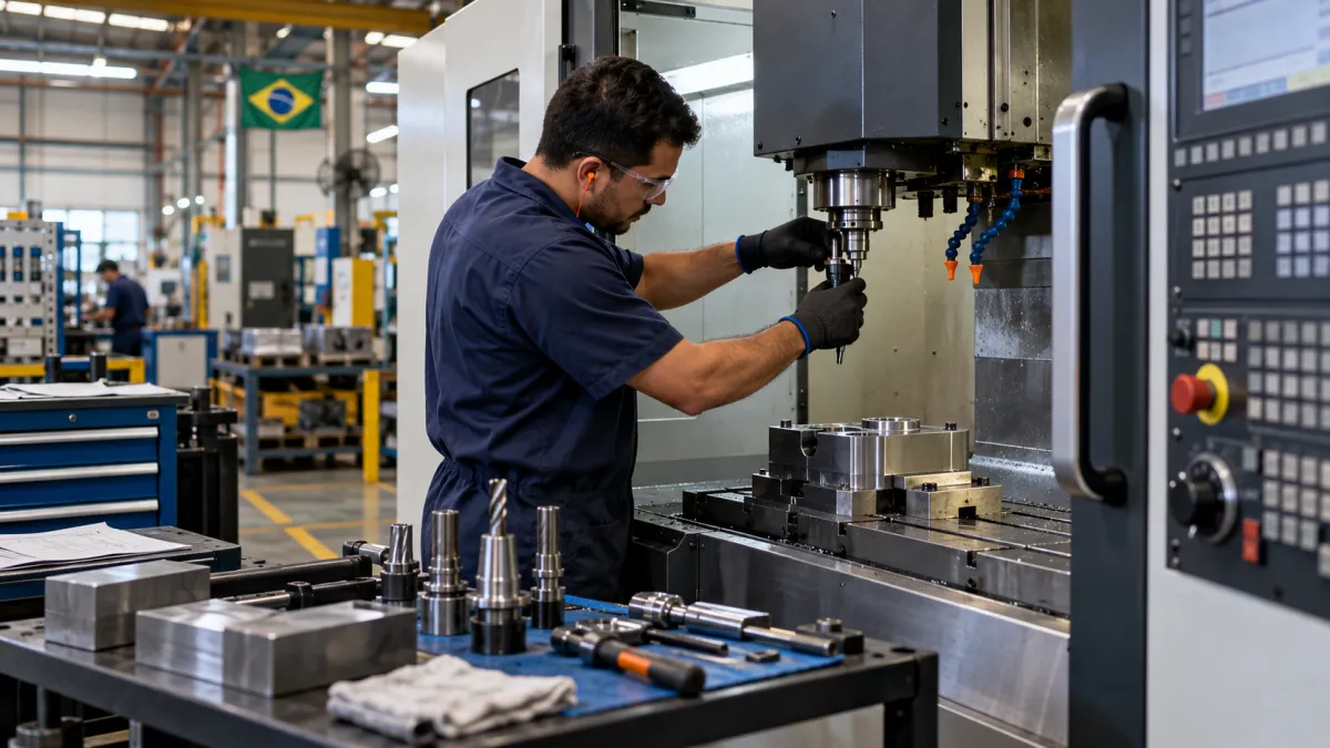 Operador industrial ajustando uma ferramenta em uma máquina CNC antes de iniciar a fabricação de peças metálicas.
