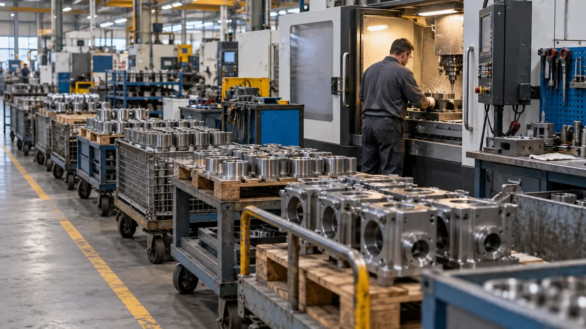 Peças metálicas acumuladas em carrinhos industriais aguardando processamento em uma linha de usinagem.