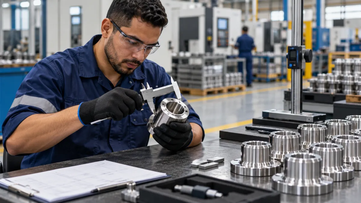 Operador utilizando um paquímetro para verificar as dimensões de uma peça metálica durante a inspeção industrial.