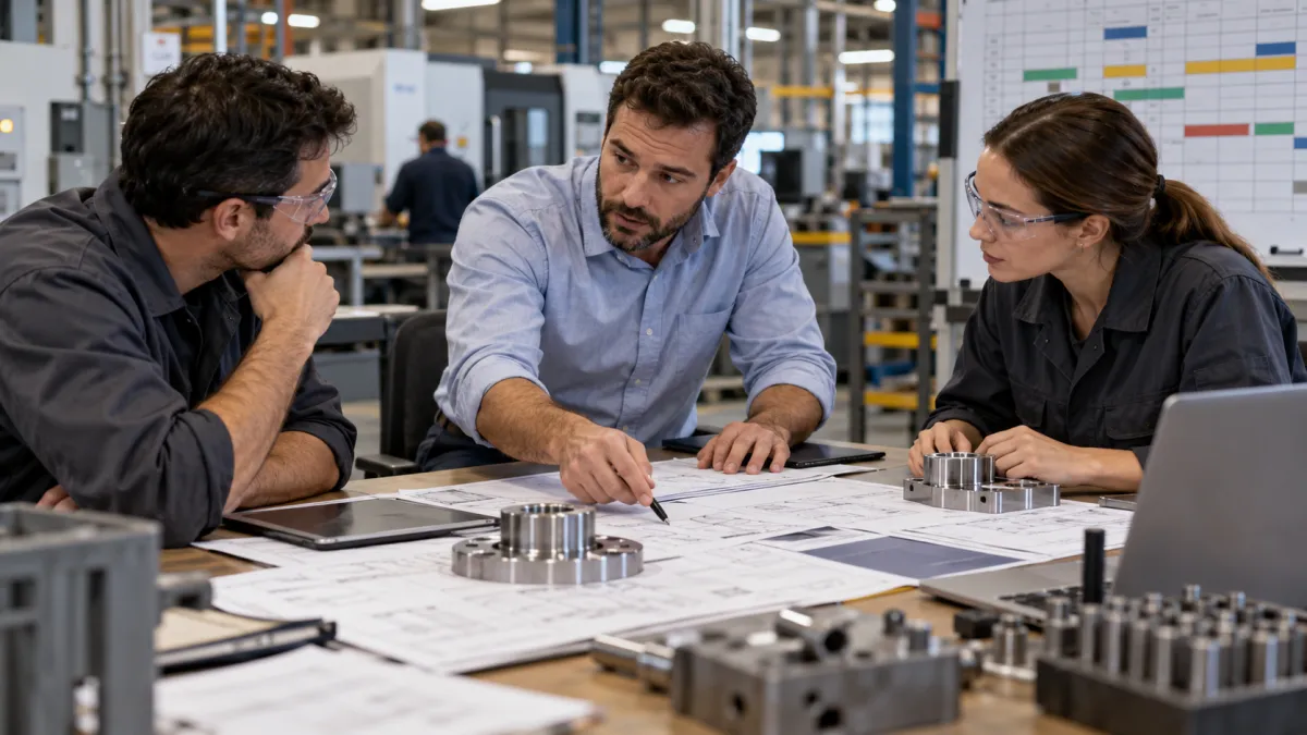 Equipe de profissionais analisando desenhos técnicos e discutindo prioridades de produção em uma indústria metalúrgica.