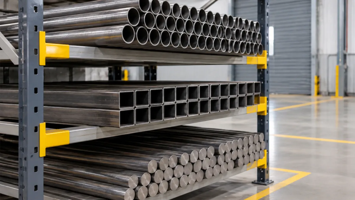 Tubos e perfis metálicos organizados em prateleiras de um estoque industrial