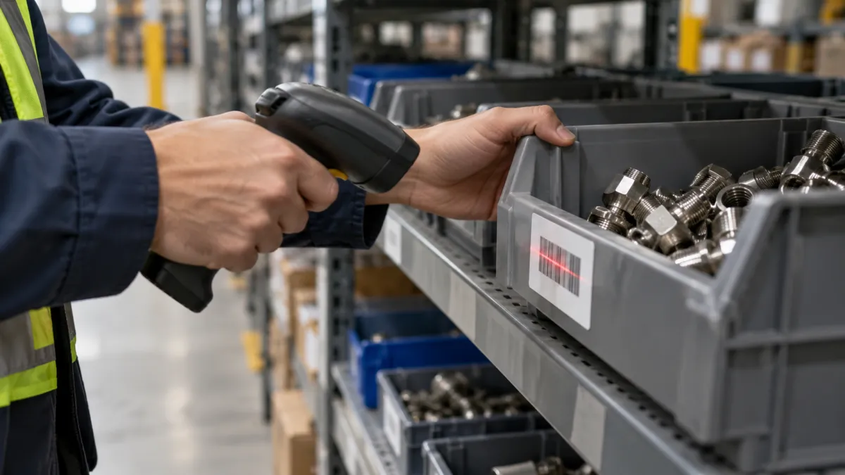Funcionário utilizando leitor de código de barras para conferir componentes no almoxarifado industrial.