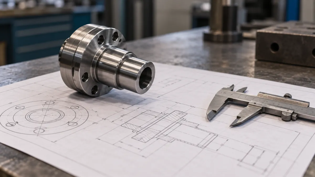 Peça metálica e paquímetro sobre desenho técnico em uma bancada industrial.