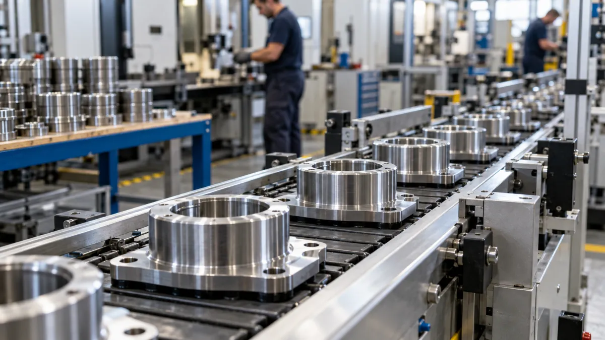 Linha de produção industrial com componentes metálicos sendo movimentados entre as etapas de fabricação.