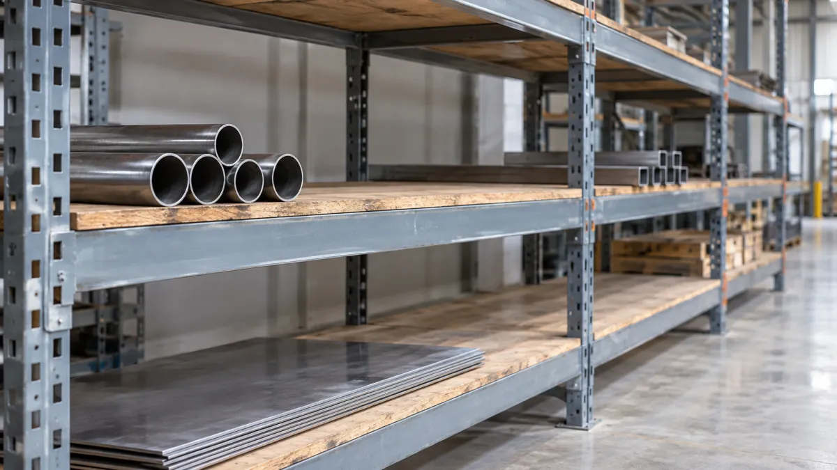 Estantes industriais com poucos tubos metálicos disponíveis para utilização na produção.