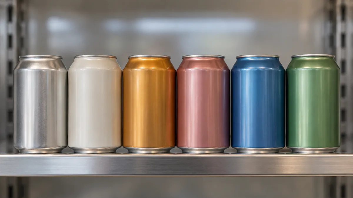 Latas de bebidas em seis cores diferentes (prata, branco, dourado, rosa, azul e verde) alinhadas em uma prateleira metálica, com fundo desfocado.