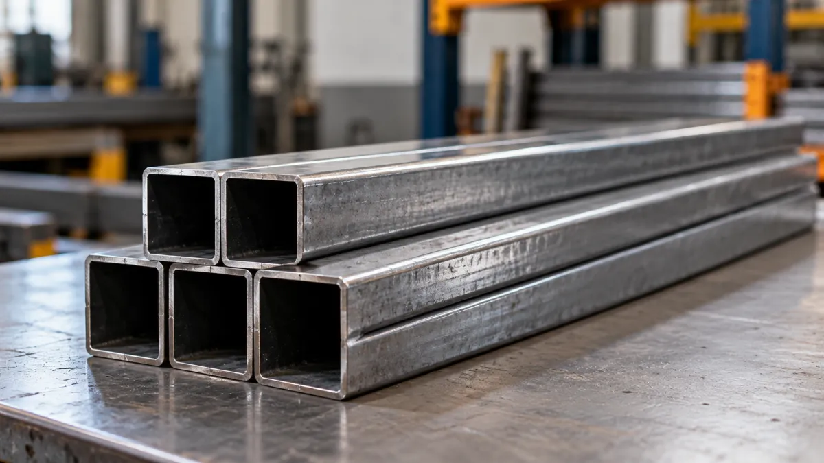 Barras metálicas retangulares de aço em linha sobre bancada industrial, com fundo desfocado de uma fábrica e equipamentos de produção ao lado.