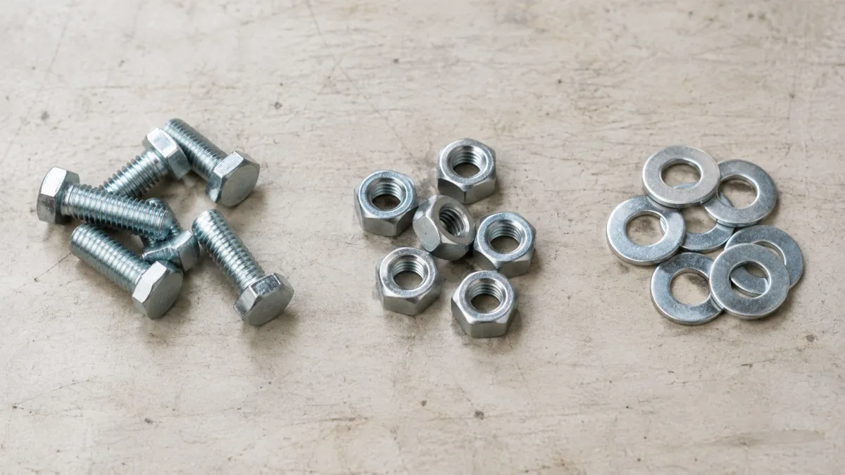 Conjunto de parafusos sextavados com porcas e arruelas de metal sobre superfície de concreto, mostrando fixadores industriais prontos para montagem e manutenção