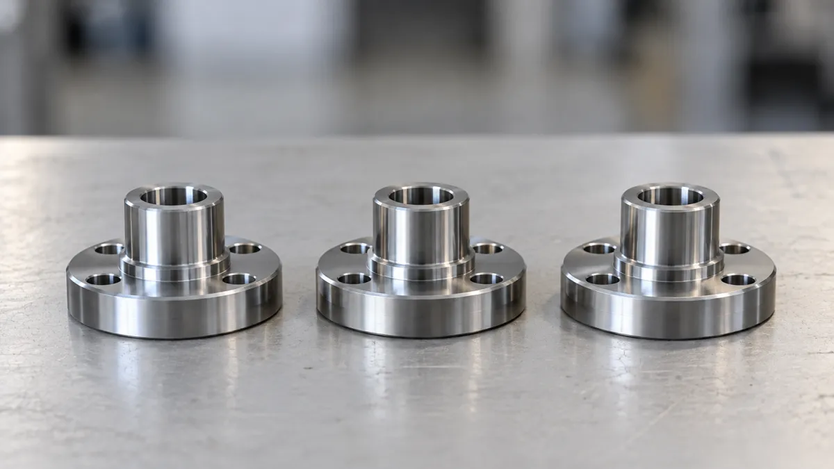 Três peças metálicas cilíndricas usinadas, com furações laterais e flange, dispostas lado a lado sobre uma mesa de aço, em ambiente industrial