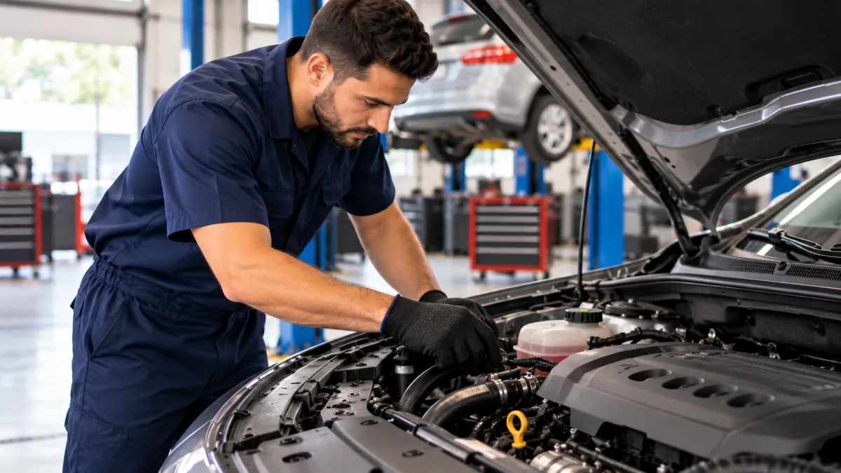 Mecânico Inspecionando Motor em Oficina Moderna