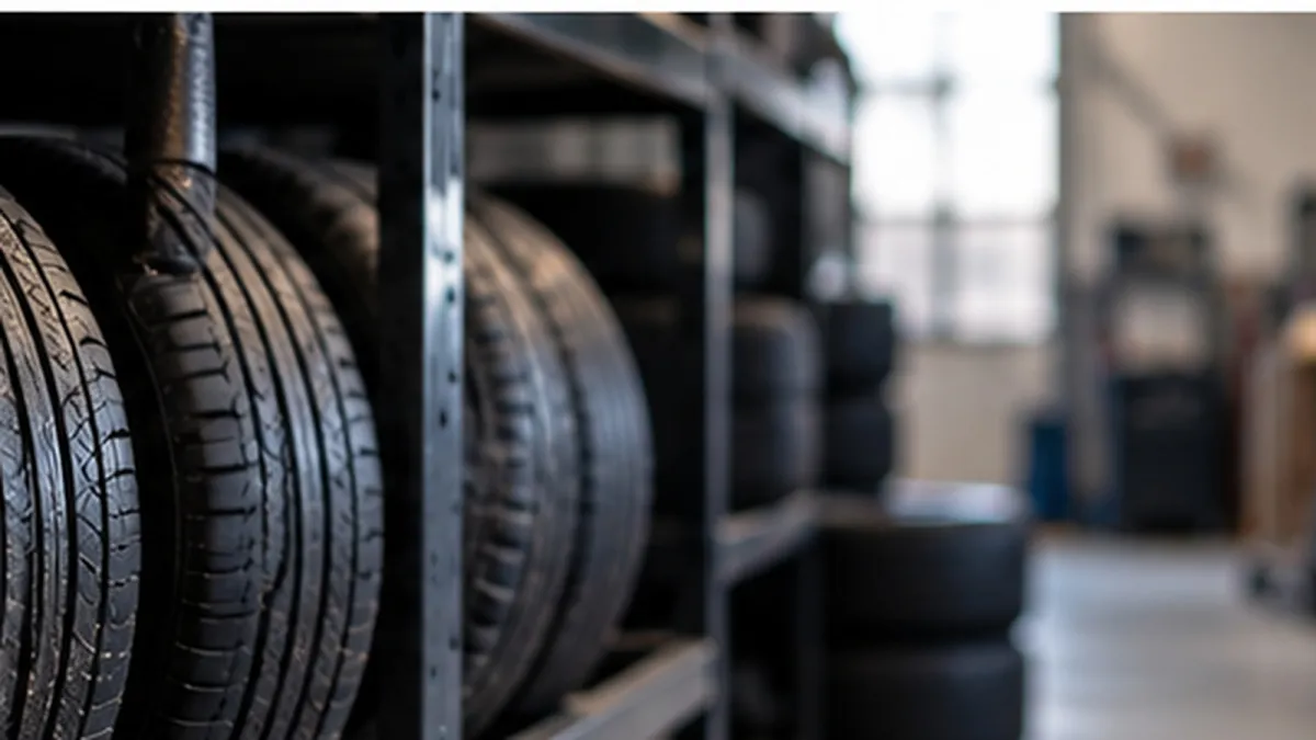Pneus automotivos organizados em prateleiras na área de estoque de uma oficina mecânica.