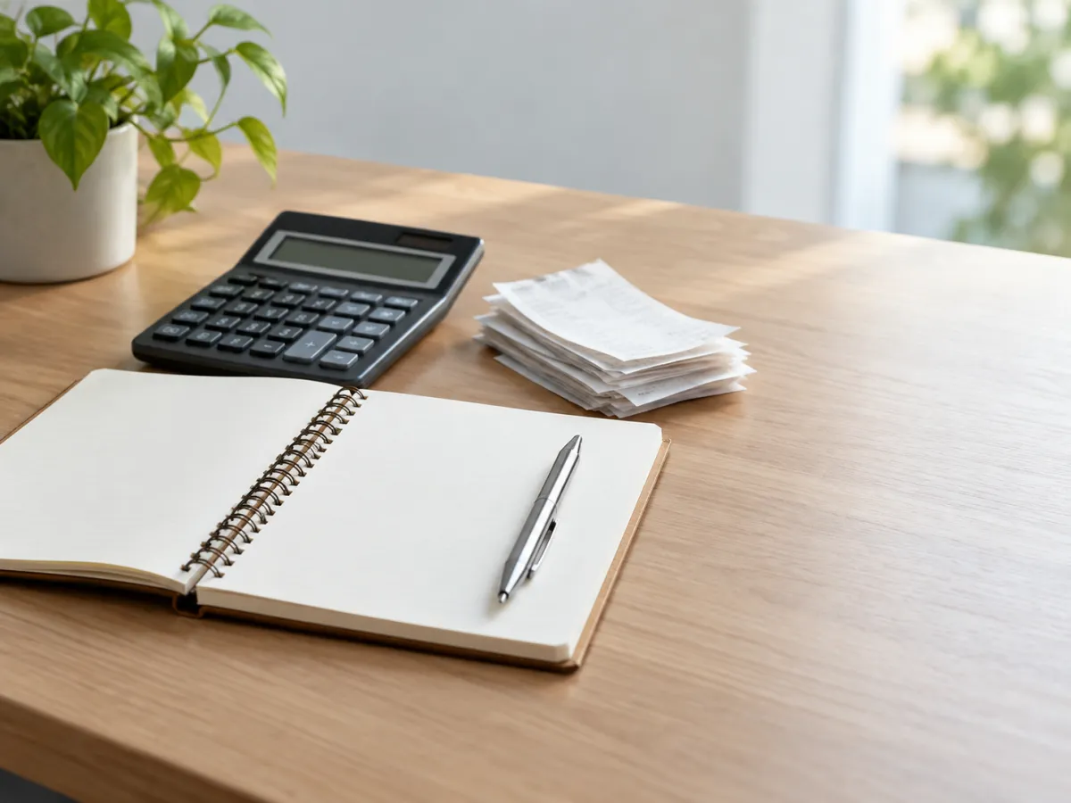 Espaço de trabalho organizado com caderno e calculadora