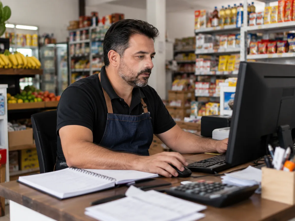 Dono do mercadinho no computador