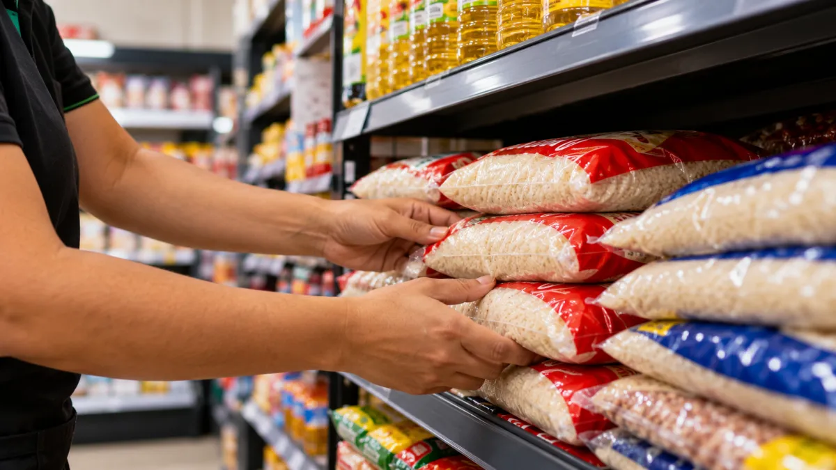 Reposição de arroz no supermercado