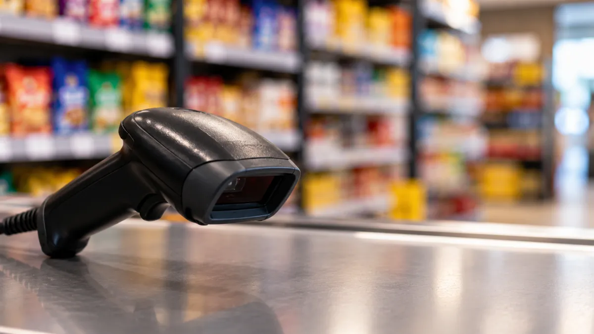 Leitor de código de barras preto apoiado em balcão, com prateleiras desfocadas ao fundo em um mercado ou loja. Equipamento de leitura para checkout.