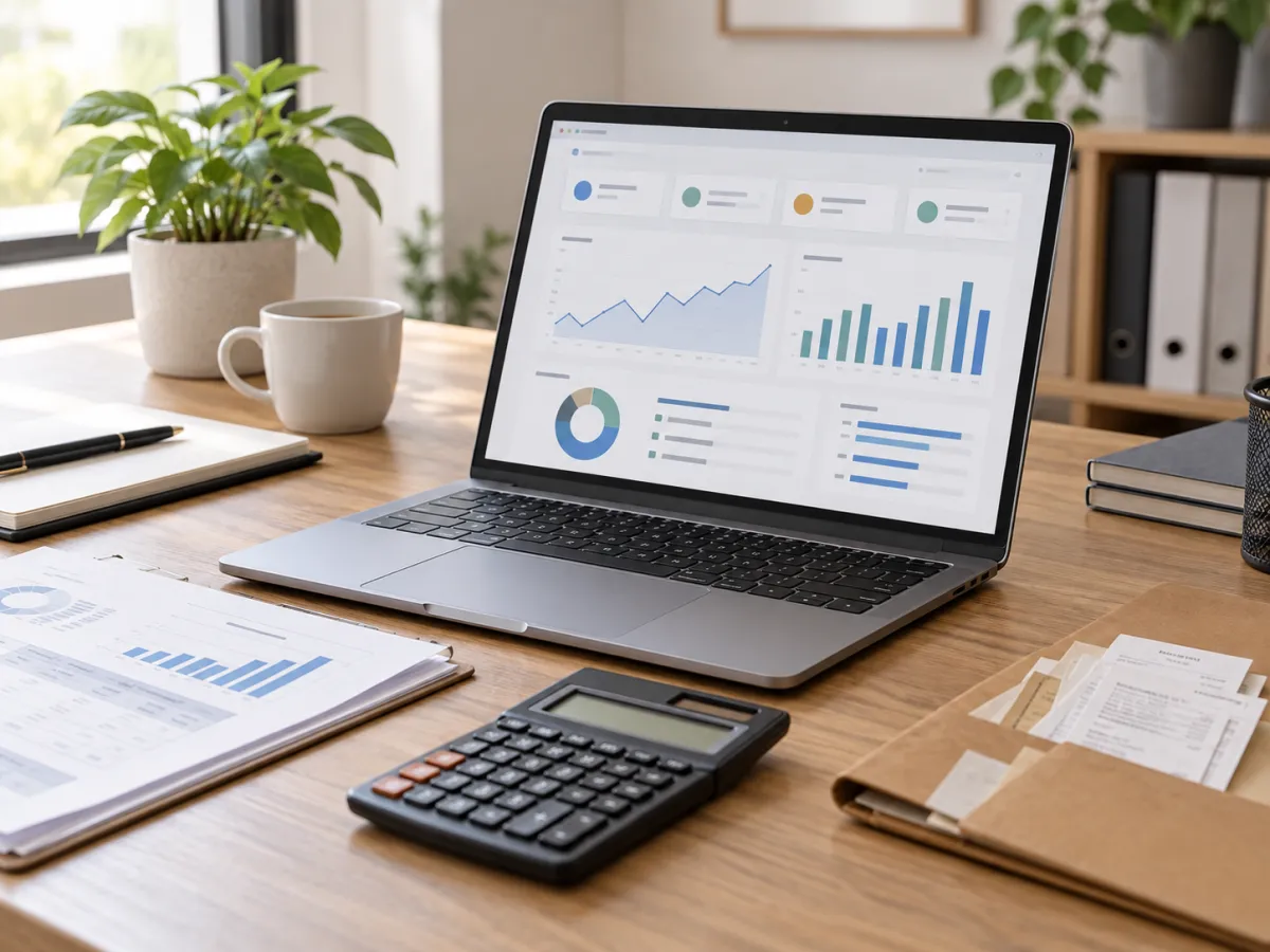 Mesa de trabalho com dashboard financeiro
