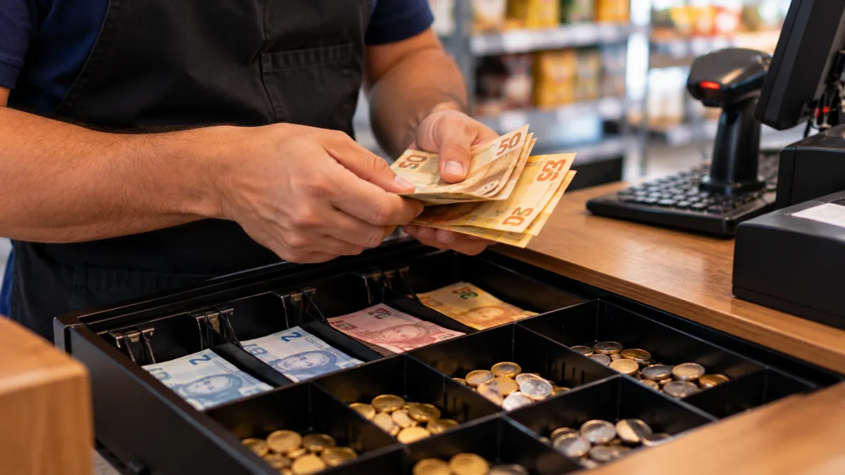 Caixa contando reais no balcão