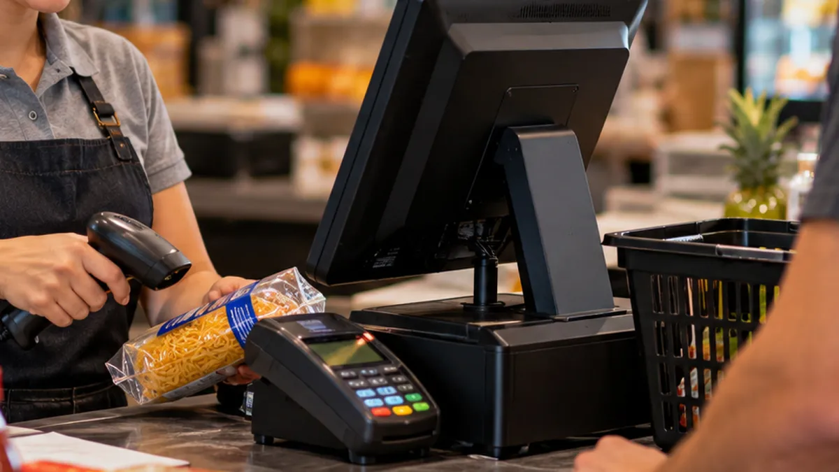 Terminal de cartão ao lado de um sistema PDV durante o registro de produtos no caixa.