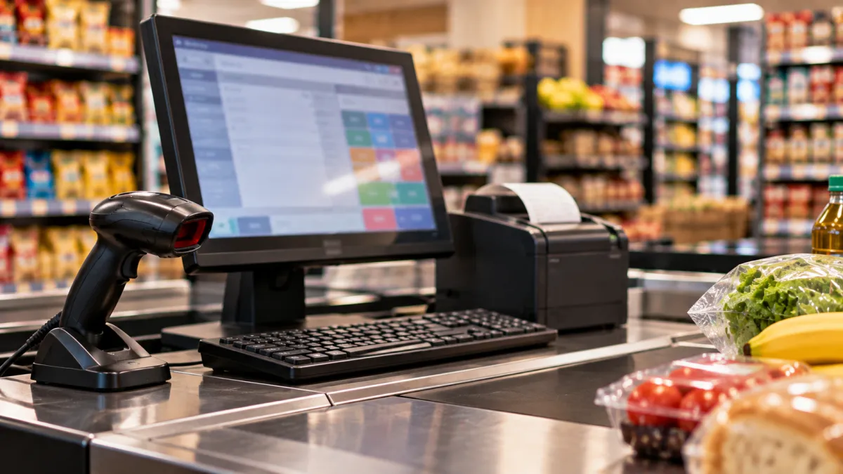 Caixa de supermercado moderna com compras frescas
