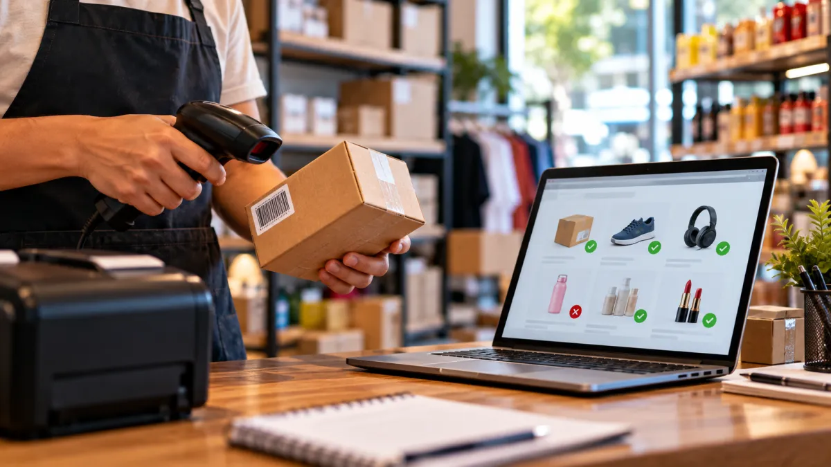 Funcionário utilizando leitor de código de barras para registrar mercadorias com auxílio de um sistema de controle de estoque.